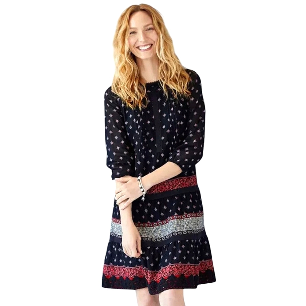 J.JILL Pintuck Lace Tiered Black & Red Cotton Floral A-Line Dress Size XLP - Picture 12 of 14